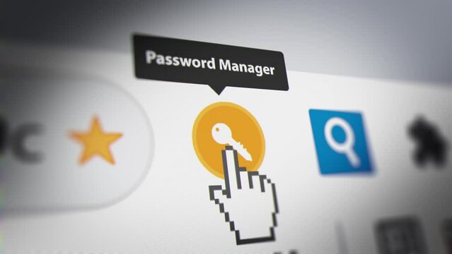 Animated Mouse Cursor Clicking Password Managers Button on Browser. Fictitious Data Created Exclusively for This Concept Footage
