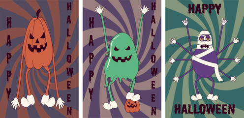 Halloween posters. Trendy retro Groovy style and funky characters in 70s-80s. Collection of Funny vector flyer, cards covers. Vector illustration.