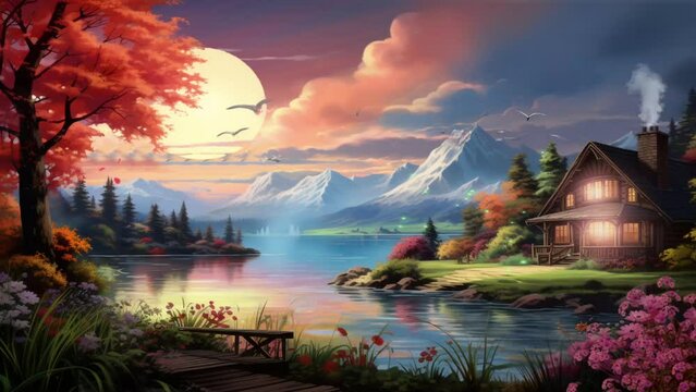 Anime video background beautiful view of paradise fantasy island with rainbow, lake, mountain, wooden house cartoon style video art design