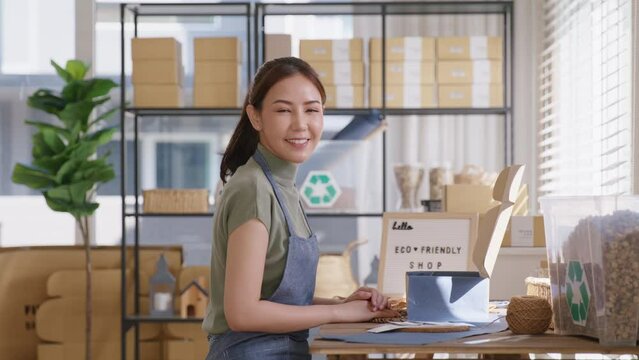 Save the planet earth Eco friendly packaging box in net zero waste store asian seller digital retail office SDGs shop. ESG Small SME owner asia people happy woman vendor smile work looking at camera.