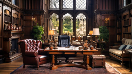 Classic English manor office with wood paneling and antique decor. - obrazy, fototapety, plakaty