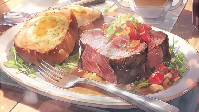 Steak food anime cartoon fantasy landscape with animation cartoon style video art design