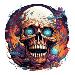 A skull head t-shirt design illustrating a celestial theme, where the skull is transformed into a cosmic entity, Generative Ai