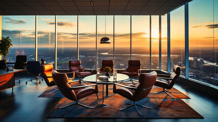 Skyline lounge office atop a high-rise with telescopic views