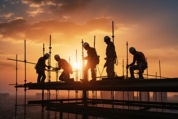 Silhouette of engineer and construction team working safely height building at sunset pastel with Light fair