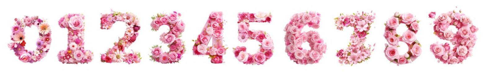 collection flower numbers for postcards  on transparent background, set numbers 0, 1, 2, 3, 4, 5, 6, 7, 8, 9