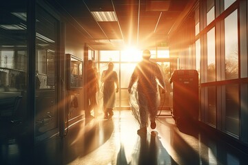 Medical professionals wearing blue scrubs walk down a hospital corridor with a bright light shining through the windows and motion blur effect.