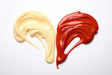 Two dollops of sauce, one is ketchup and the other is mayonnaise, on a white background.