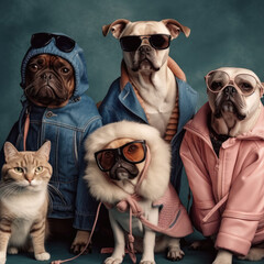 A group of pet bulldogs and a cat in human clothes and glasses
