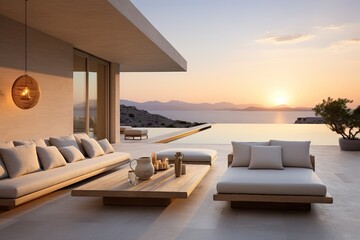 A modern outdoor living space with a white sectional sofa, wooden coffee table, and ocean view at sunset.