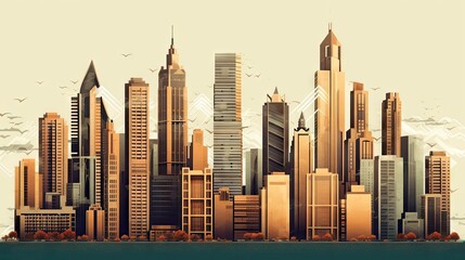 an urban city with skyscrapers and birds flying overheadly in the sky stock illustration, graphic illustration, illustrations, digital illustration
