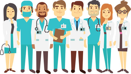 Medical staff standing together. Cartoon doctors nad nurses