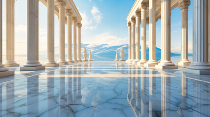Greek temple-inspired office with columns and marble steps - obrazy, fototapety, plakaty