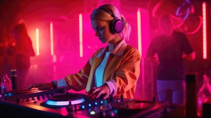 Obraz na płótnie Canvas candid an excited DJ young scandinavian woman mixing music at turntables with headphones. beautiful Generative AI AIG32