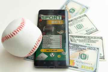 Baseball ball with cash money. Major league strike, lockout and sports betting concept.