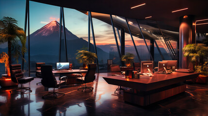Volcano base office with geothermal energy and magma motifs.