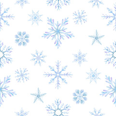 Snowflakes. Watercolor seamless pattern. Decorative winter background with hand drawn snowflakes, snow, stars. For fabric, wrapping paper, scrapbooking, postcards, invitations, cards