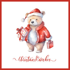 Fototapeta na wymiar Cute watercolor christmas plush teddy bear with gift boxes. Christmas wishes calligraphy card. Template for New Year Card, Scrapbooking, Sticker, Planner, Invitation.