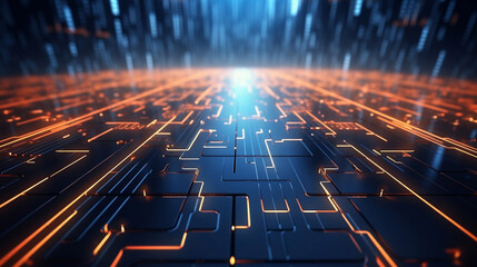 Blue technology background with orange lines