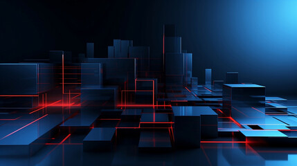 Dark abstract technology background with blue cubes and red lasers
