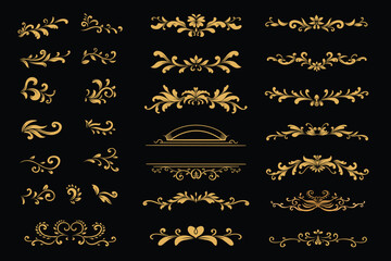 Elements set vector illustration, Luxury gold Vintage decorative ornament design. Labels and badges, retro ribbons, luxury fancy logo symbols, elegant calligraphic swirls, flourishes ornate vignettes. - obrazy, fototapety, plakaty