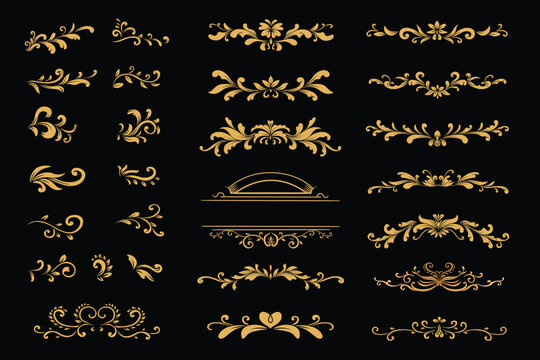 Elements set vector illustration, Luxury gold Vintage decorative ornament design. Labels and badges, retro ribbons, luxury fancy logo symbols, elegant calligraphic swirls, flourishes ornate vignettes.