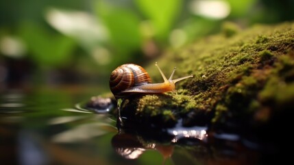 photo of a snail, macro photography , stream of fresh water, young green plant, outdoor springtime. beautiful Generative AI AIG32