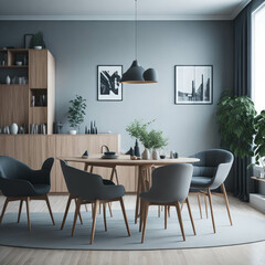Scandinavian Mid-Century Modern Home Design Living Room, Round Dinning Table and Chairs, Sofa and Cabinet Near Wall, Mock Up Frame Art Posters, Generative AI