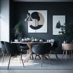 Scandinavian Mid-Century Modern Home Design Living Room, Round Dinning Table and Chairs, Sofa and Cabinet Near Wall, Mock Up Frame Art Posters, Generative AI