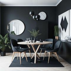 Scandinavian Mid-Century Modern Home Design Living Room, Round Dinning Table and Chairs, Sofa and Cabinet Near Wall, Mock Up Frame Art Posters, Generative AI