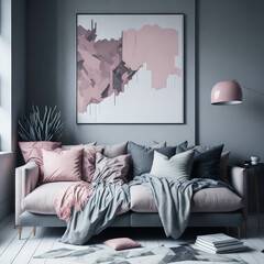 Modern Living Room Interior Design, Pastel Colors, Cozy Sofa With Pillows And Large Mock Up Frame Poster Art, Generative Ai