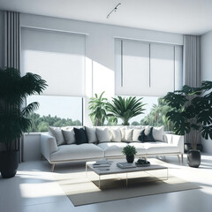 Modern Living Room Interior Design, Cozy Sofa With Pillows And Large Roller Blinds On Windows , Generative Ai