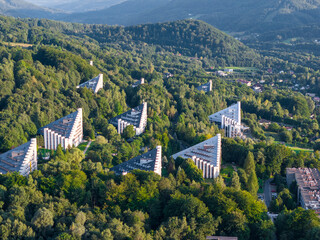 Ustron Aerial View. Scenery of the town and health resort in Ustron on the hills of the Silesian Beskids. Poland.