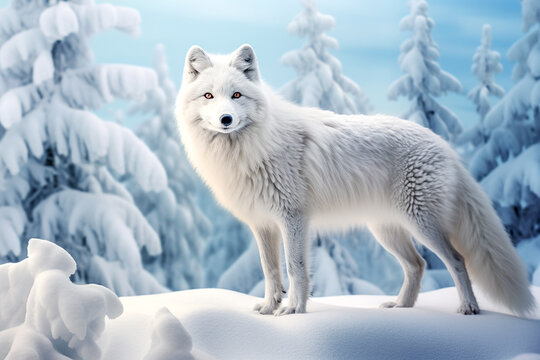 Arctic fox in a wild snowy landscape. AI generated