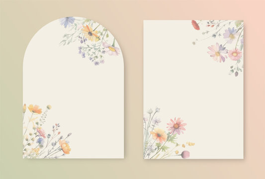 Festive template for invitations, celebrations and birthdays with watercolor illustration wild herbs and flowers.