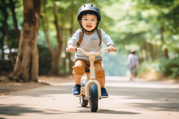 First Steps to Cycling: Asian Kid Playfully Learns to Ride with a Balance Bike - Early Cycling Adventures - obrazy, fototapety, plakaty