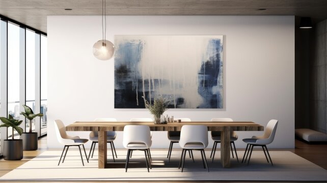 Interior design inspiration of Modern Minimal style home dining room loveliness decorated with Wood and Glass material and Chandelier .Generative AI home interior design .