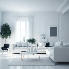 Modern Living Room Interior Design, Cozy Sofa With Pillows And Large Mock Up Frame Poster Art, Generative Ai
