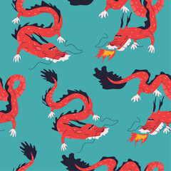 Vector illustration seamless pattern of Chinese red dragon.New year symbol 2024. T-shirt print, poster, card, design template, tattoo idea.