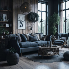 Boho Interior Design Of Large Living Room With Rustic Wood Furniture, Sofa and lounge Chairs, Decorations, Generative AI