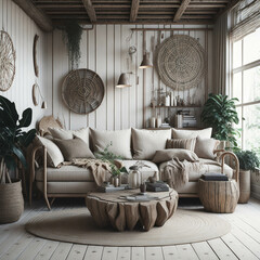 Boho Interior Design Of Large Living Room With Rustic Wood Furniture, Sofa and lounge Chairs, Decorations, Generative AI