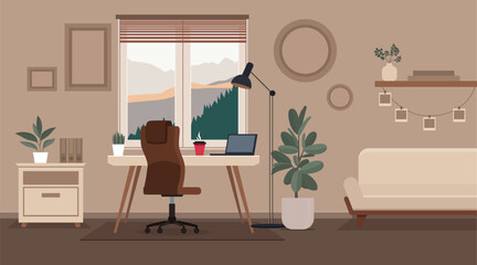 Cozy home workplace. No people home office illustration. Loft style interior, freelance workspace. Cartoon style room with table, window, lamp, sofa, laptop