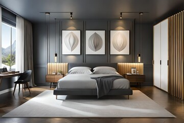 In a grey bedroom with white wood wall paneling, two bedside tables, two unique pendant lights, and a dark bed, there are two paintings. Interior design idea for a contemporary home
