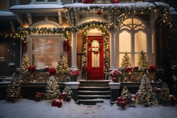 Fototapeta premium Christmas decorated house on a cozy winter street. AI generated