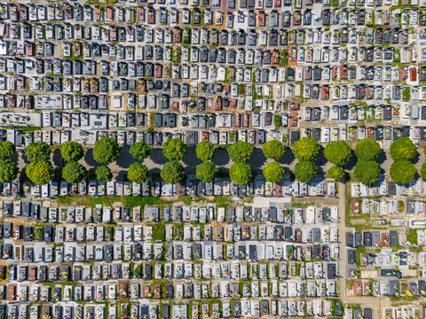 Cemetery with green tree alley, view from the air.