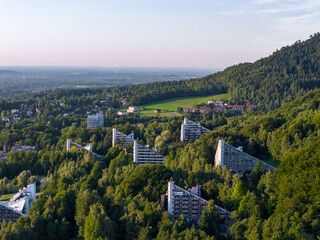 Ustron Aerial View. Scenery of the town and health resort in Ustron on the hills of the Silesian Beskids. Poland. - obrazy, fototapety, plakaty