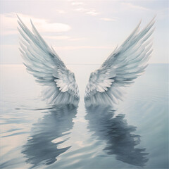 A pair of powerful feathered wings rise from the water, gray blue tones.