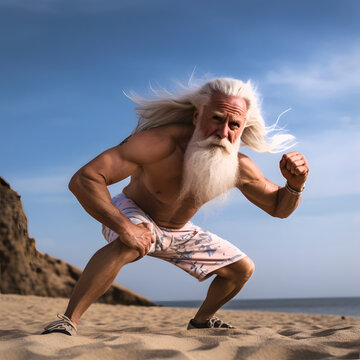Elderly man with long gray hair, muscular body, doing body exercises on sandy beach