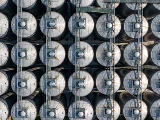 Brewery factory tanks, giant beer brewing industry. Aerial View. 