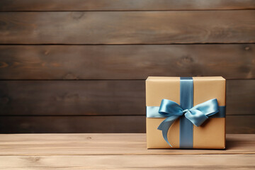 Beige gift box with blue bow on brown wooden background. Generative AI